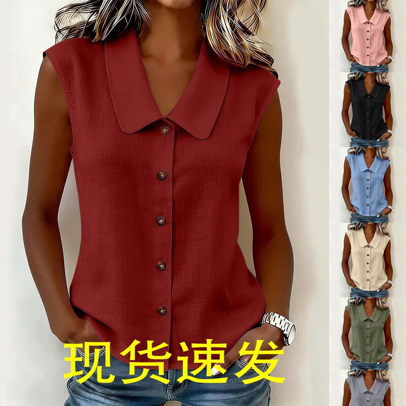2026 European and American cross-border new solid color lapel sleeveless top loose casual versatile multi-color women's shirt 2026 European and American cross-border new solid color lapel sleeveless top loose casual versatile multi-color women's shirt