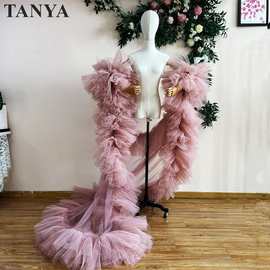 豆沙粉时尚女士斗篷大衣长露肩薄纱女士夹克优雅的晚斗篷白色黑色