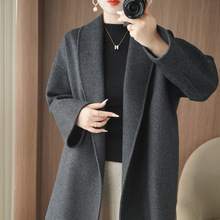 青果领浴袍系带卷袖隐藏斜口袋长款双面尼羊毛大衣毛呢外套女秋冬