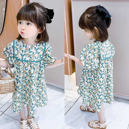 6107 Summer New Girls Dress Floral Green Fresh Skirt Children Internet Celebrity Baby Fashionable Dress