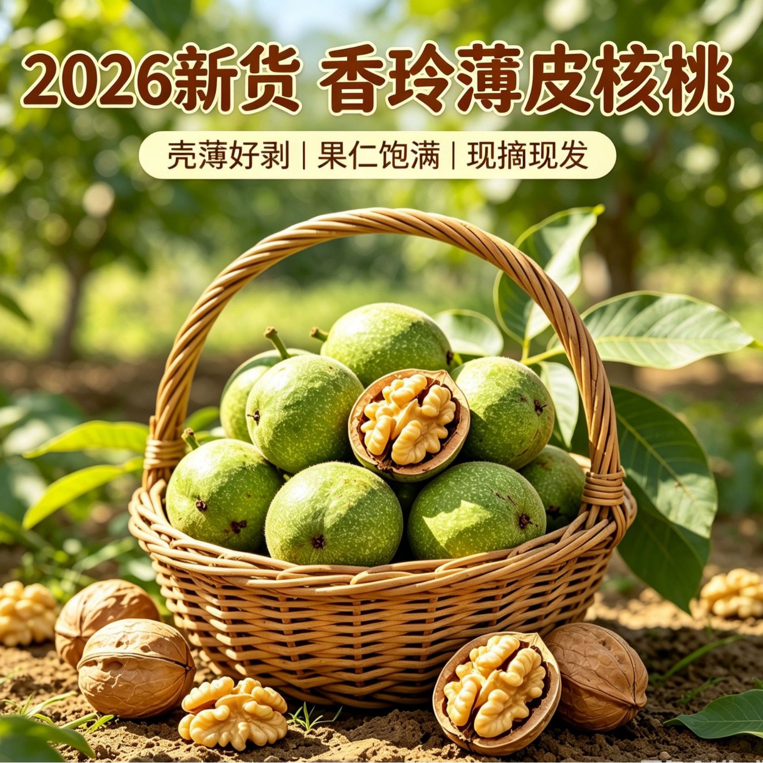 2026 陕西香玲纸皮鲜核桃 现摘现发薄皮香菱去青皮生核桃孕妇水果