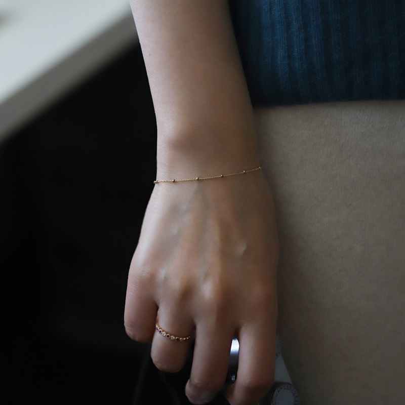925 Sterling Silver Plated 14K Gold Bracelet Bean Bead Ball Bare Chain Simple Light Luxury Japanese and Korean Versatile Fine Plain Bracelet