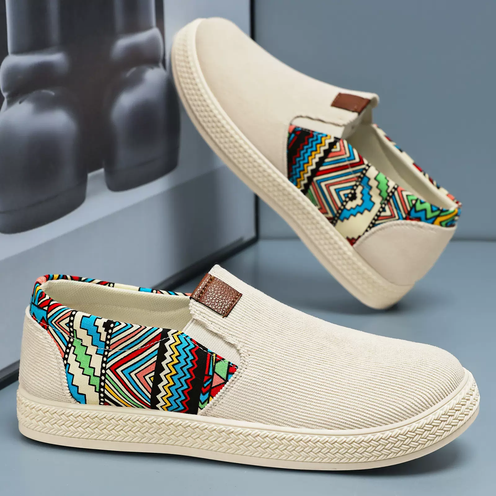 男鞋新款印花休闲鞋浅口老北京布鞋轻便鞋子潮流单鞋软底透气板鞋