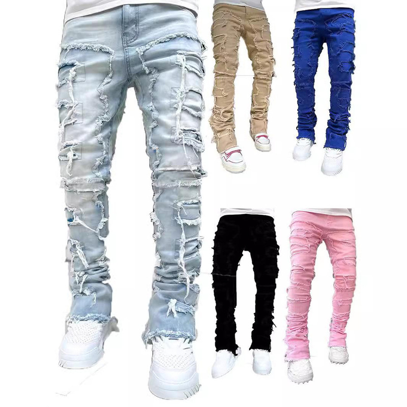 Amazon Cross-Border Foreign Trade Fashion Trend Jeans 2025 New Stretch Patch Layered Straight Long Pants