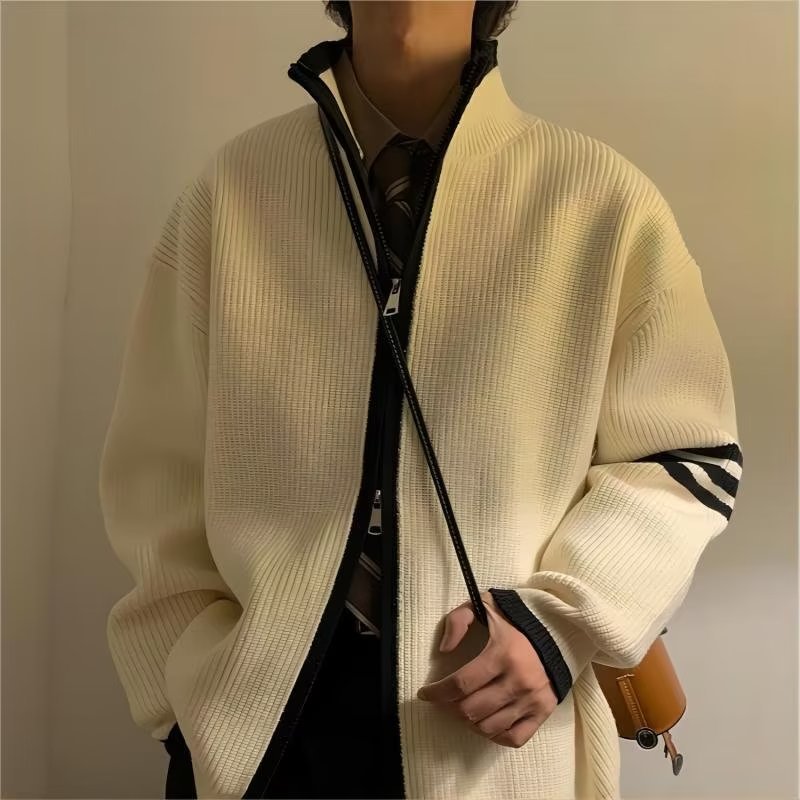 Primavera y otoño transfronterizos temperamento coreano estilo zipper hombres y mujeres cardigan suéter de cuello alto tendencia suelta gruesa chaqueta de punto