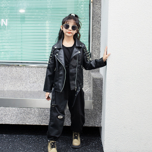 Children's clothing, handsome children's performance leather jacket with rivets, motorcycle leather jacket 2024 spring and autumn new Korean style jacket for boys and girls