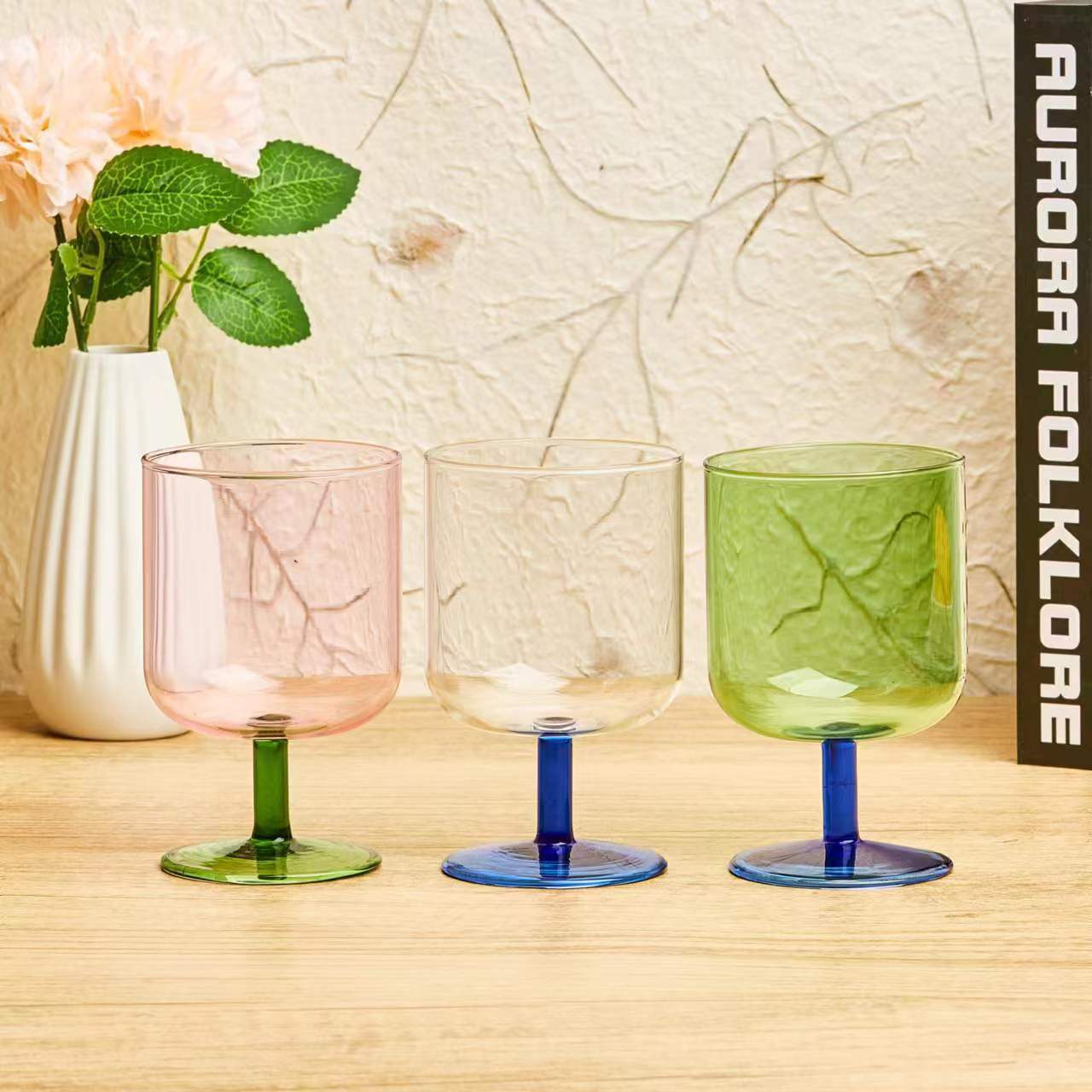 高硼硅彩色玻璃高脚杯撞色混搭玻璃烛台创意摆件手工吹制烛台酒杯