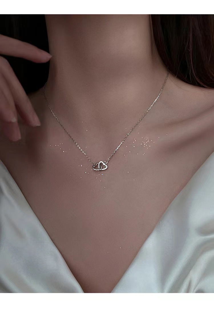 Double Intertwined Heart Necklace - Silver