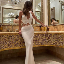 2024冬季新欧美性感露背深V镂空腰连衣长裙礼服跨境电商一件代发