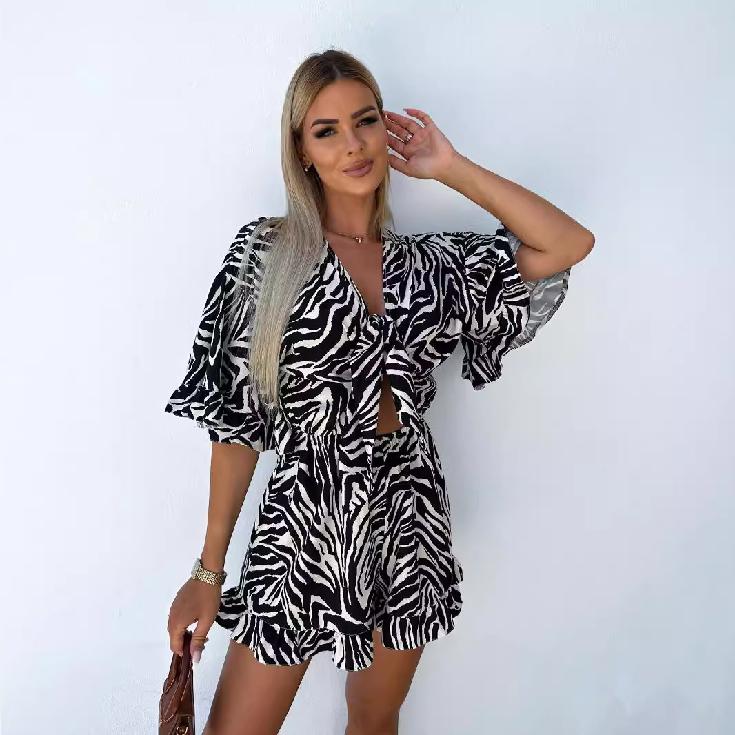 2024夏季新款女士跨境亚马逊速卖通印花短袖V领连体裤短裤