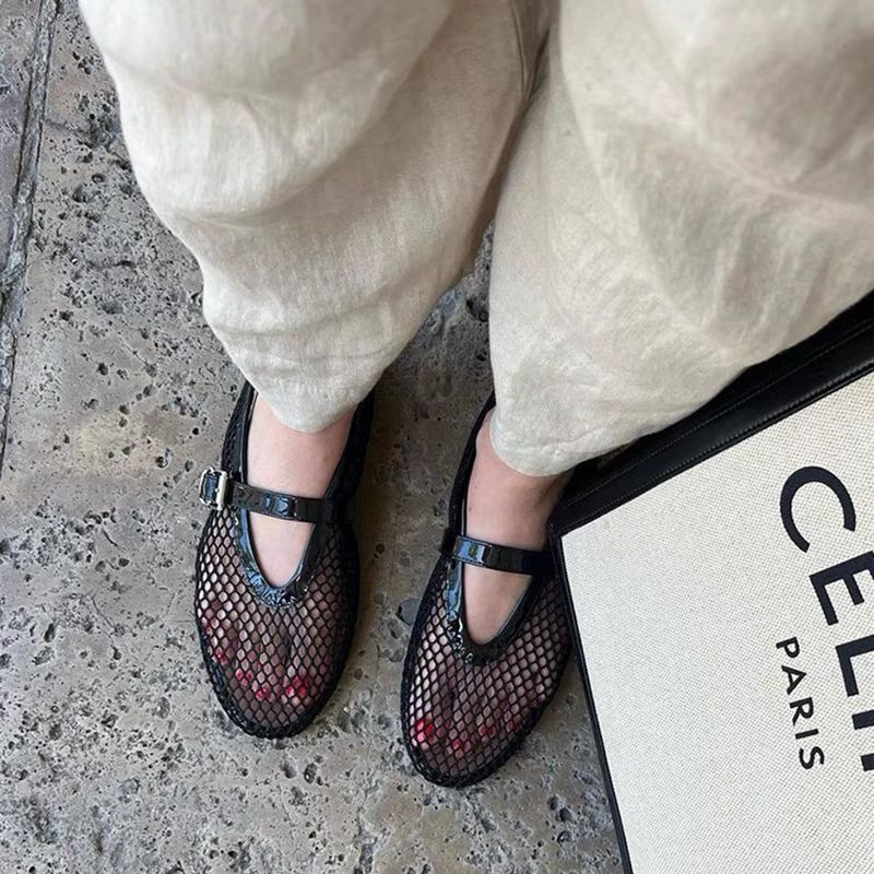 Cowhide Version Round Head Niche Fish Mesh Hollow Ballet Shoes Women's New Fashionable Simple Flat Belt Buckle Shoes Cowhide Version Round Head Niche Fish Mesh Hollow Ballet Shoes Women's New Fashionable Simple Flat Belt Buckle Shoes