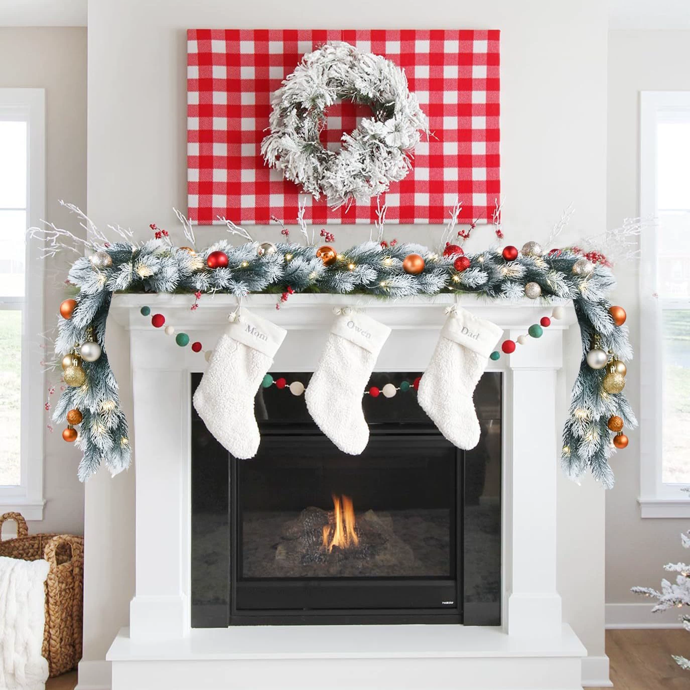 Christmas garland 1.8 m, realistic pine & cypress foliage with snowflakes, for stairs and hotel decor