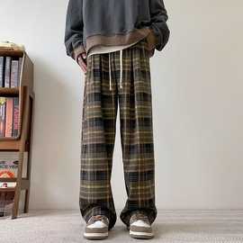 日系复古格子休闲裤子男春秋新款垂感阔腿cityboy潮牌运动直筒裤