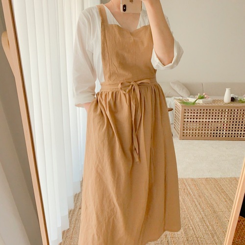 Cross-border Amazon Korean version plus size long cotton linen apron floral robe milk tea nail apron waist pouch workwear