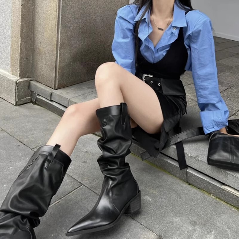 牛仔西部靴女褶皱堆堆靴2025秋季复古小众粗跟尖头长靴高筒骑士靴|undefined