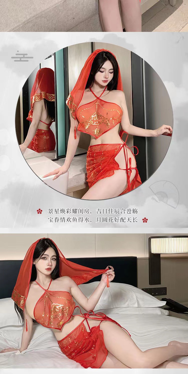 Red Hanfu Bride Costume Set with Veil, Halter Top, Skirt and Panties — detail image 7