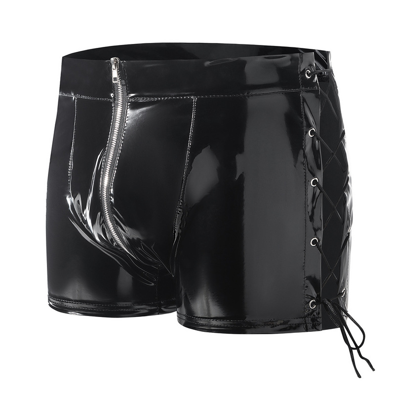 Cross-Border Products Men's Pvc Mirror Bright Leather Boxer Shorts Sexy Zipper Open Leather Shorts with Accurate Sizes
