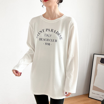 pure cotton Brushed Long sleeve T-shirt Korean Edition Easy letter Mid length version jacket 2023 Spring and autumn season Internal lap Base coat