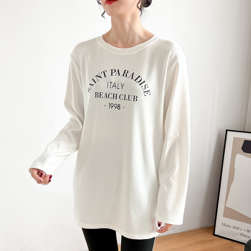 pure cotton Brushed Long sleeve T-shirt Korean Edition Easy letter Mid length version jacket 2023 Spring and autumn season Internal lap Base coat