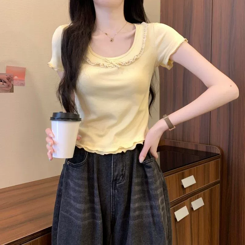 Внешняя торговля, трансграничная французская стильная уникальная и красивая маленькая футболка с короткими рукавами на правое плечо, женская летняя новая тонкая футболка ins