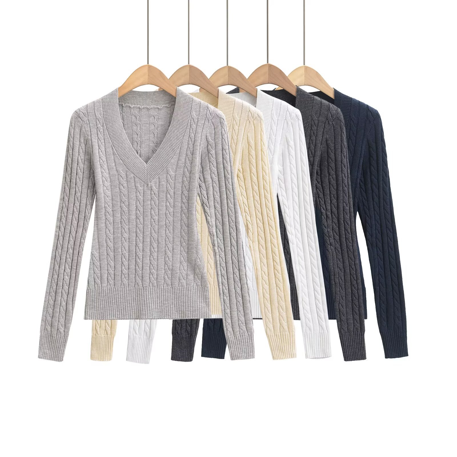 Ypff Trendy Women's Retro V Neck Twist Sweater Preppy Style Slim Inner Slimming Look Long-Sleeved Bottoming Shirt Top