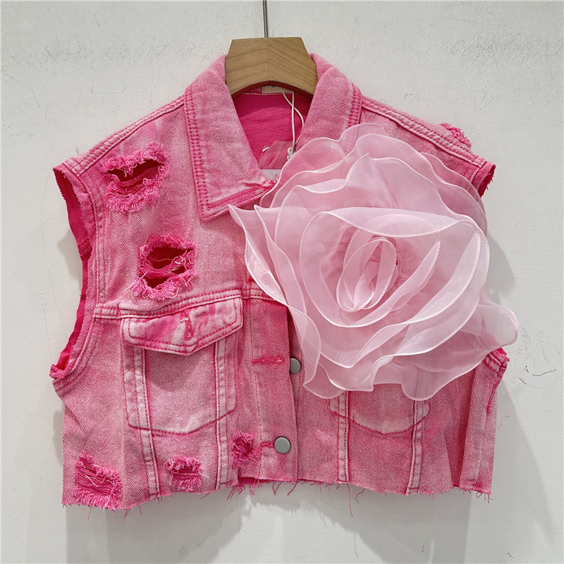 Personalidad europea agujero de bordes de lana chaqueta de vaquero chaqueta de mujer con flores tridimensionales 2024 nuevo clip de caballo corto image 7