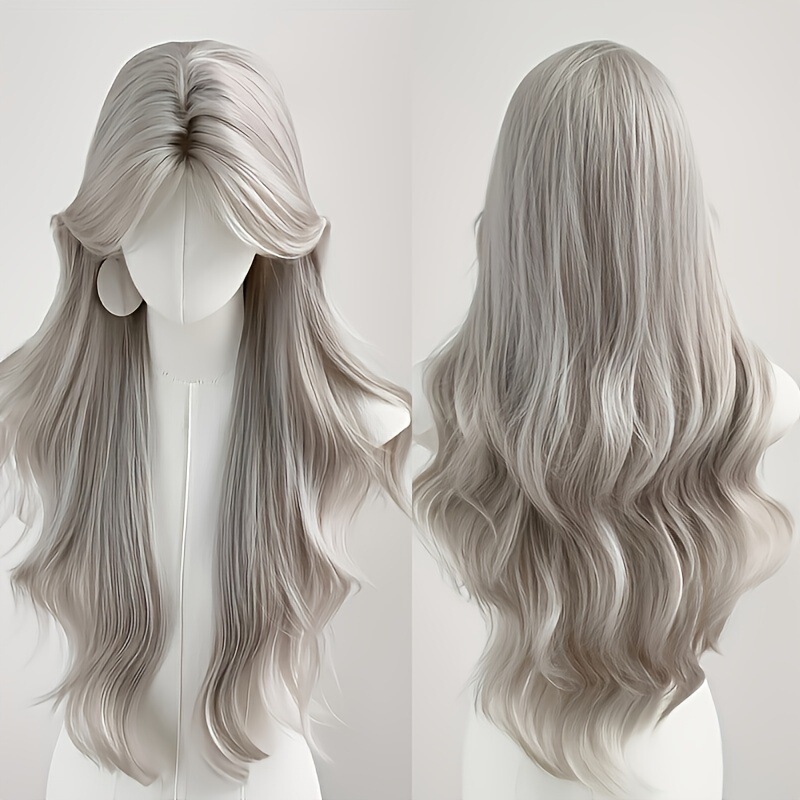 Silk Hair Simulation Female Wig in Silver-Gray Color, Full Head Wig with Long Hair, Middle Parting, Long Curly Hair, Full Head Cover