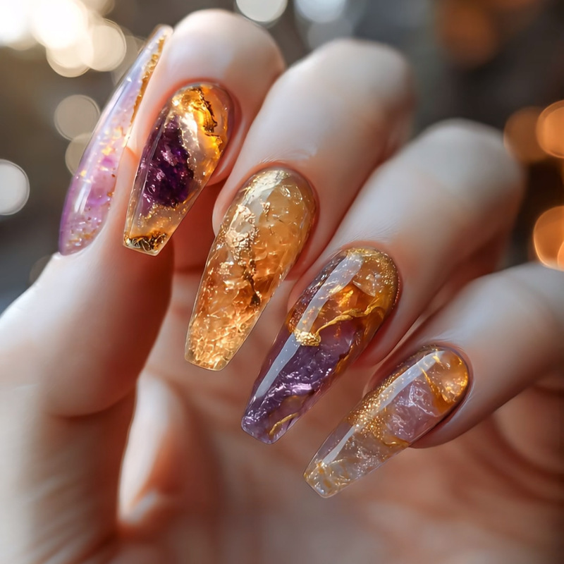 Wm-252 Purple Gold Crystal Fake Nails Short t Cross-Border Hot Girl Mysterious Purple Exquisite Art Wearable Nails Wholesale