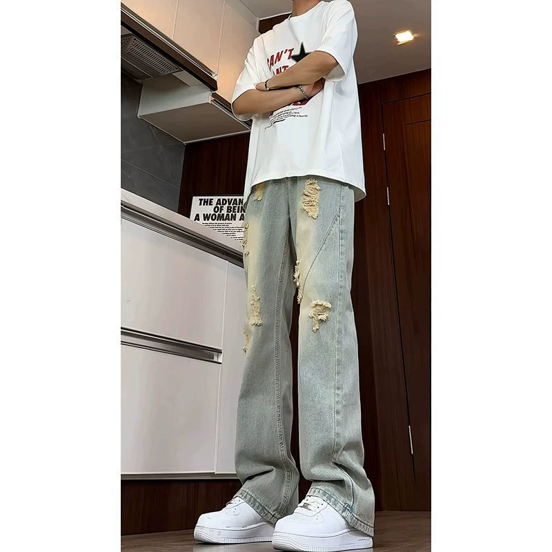 Retro summer thin jeans, design trousers, American style, trend of season, loose straight fit