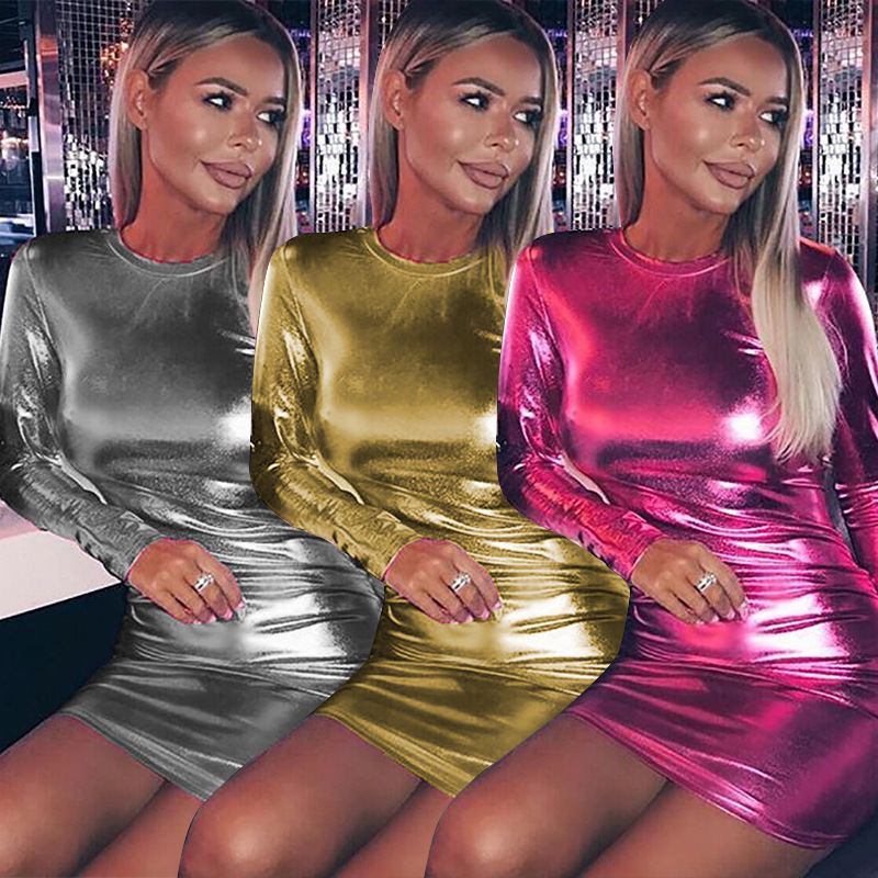 European and American Cross-border Summer Rose Red Hip Mini Skirt Solid Color Purple Bronzing Round Neck Long-sleeved Slim-fit dress European and American Cross-border Summer Rose Red Hip Mini Skirt Solid Color Purple Bronzing Round Neck Long-sleeved Slim-fit dress