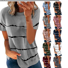 2021春夏欧美女装跨境外贸亚马逊爆款扎染印花条纹宽松短袖T恤女