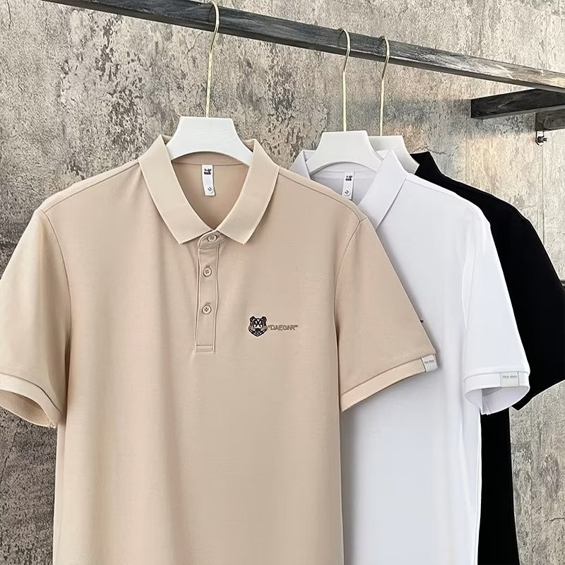 Camiseta de solapa de manga corta para hombre de verano de seda de hielo de todo fósforo Camiseta de seda de hielo casual de negocios para hombre