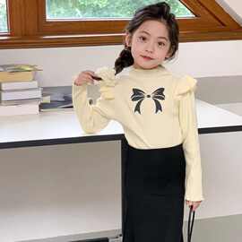 女童长袖t恤秋冬装新款宝宝飞袖蝴蝶结打底衫儿童甜美洋气上衣T潮