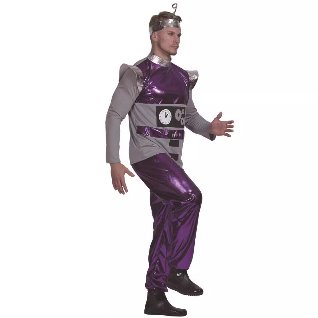 Fabricante en stock púrpura extranjero etapa rendimiento traje lindo grupo familiar robot Halloween juego traje
