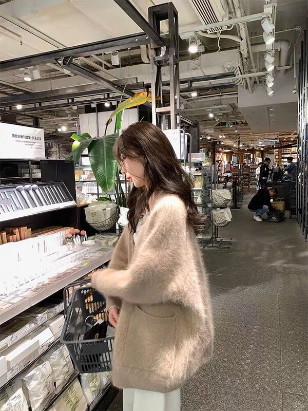 紫色水貂毛开衫毛衣外套女秋冬季新款温柔韩系慵懒中长款针织|undefined
