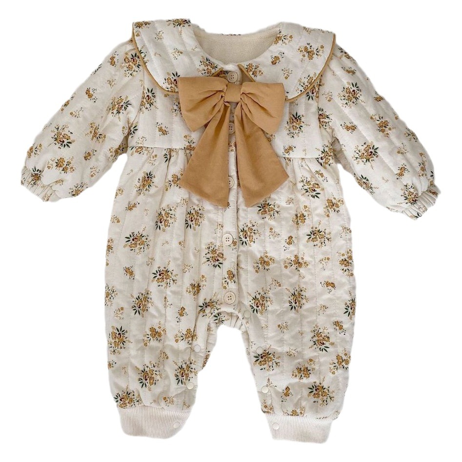 Invierno engrosada caliente mono del bebé dulce floral arco manga larga mameluco bebé niña forrado de lana mameluco