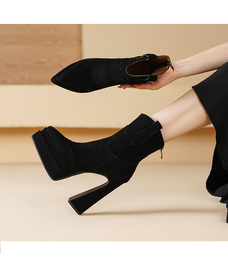 Boot nữ cổ thấp mũi nhọn gót vuông platform 14 cm da thật — Màu đen (lót nhung) chi tiết 2