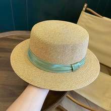 高端细密珠光带平顶草帽女夏季出游气质草编帽青年户外拍照帽子