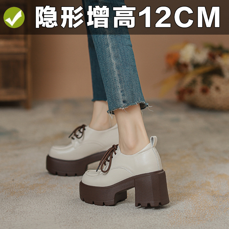 12cm 작은 내부 높이 증가 로퍼 여성 영국 스타일 두꺼운 단독 신발 슈퍼 하이힐 레이스 업 작은 가죽 신발 재고