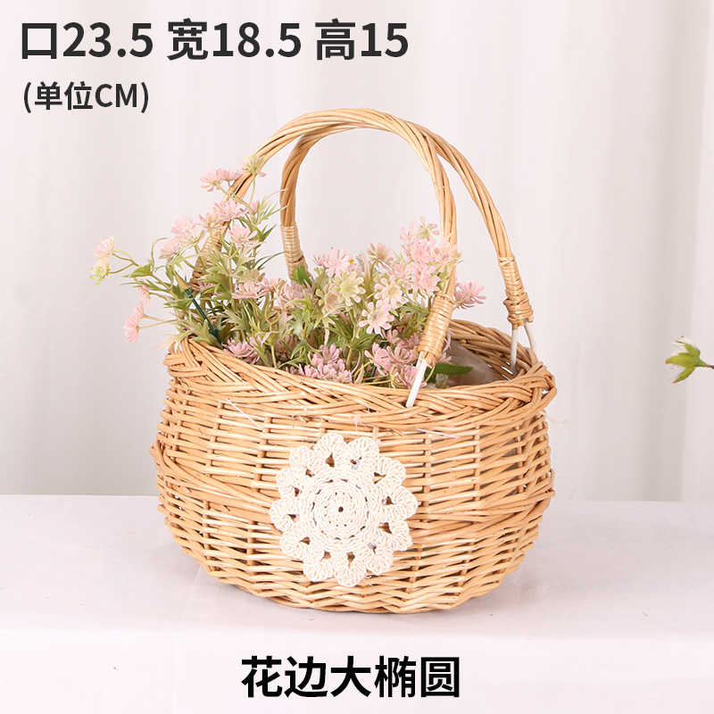 Regalo DE LA MANO perla princesa cesta sauce ratán tejida olla verde rosa flor niños foto cesta arco cinta portátil flor cesta