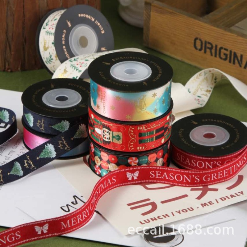 New Christmas Ribbon in stock Bronzing Printing Polyester DIY Bow Holiday Gift Gift Decoration Ribbon