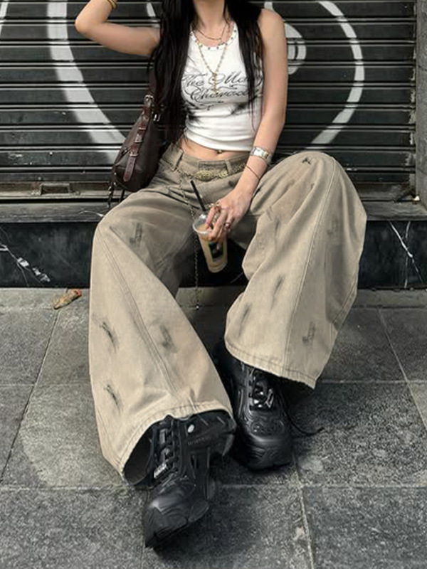美式街头复古做旧涂鸦宽松牛仔裤女跨境低腰松弛感镰刀裤阔腿裤|undefined