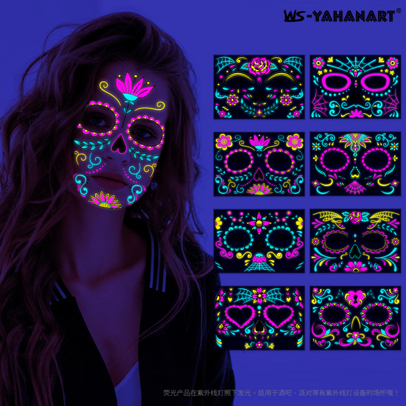 Cross-Border Hot Selling Halloween Fluorescent Day of the Dead Death Face Tattoo Stickers Masquerade Neon Tattoo Stickers Cross-Border Hot Selling Halloween Fluorescent Day of the Dead Death Face Tattoo Stickers Masquerade Neon Tattoo Stickers
