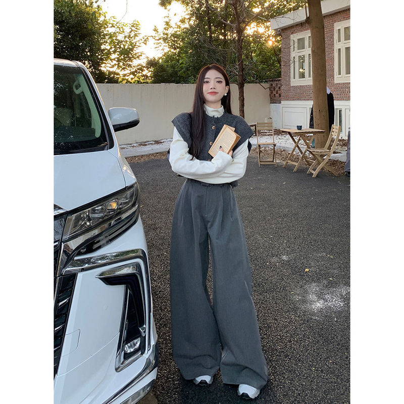 Salt-Based High-End Asymmetrical Knitted Vest Bottoming Shirt Wide-Leg Pants Women's Autumn and Winter 2025 New Fashion Suit