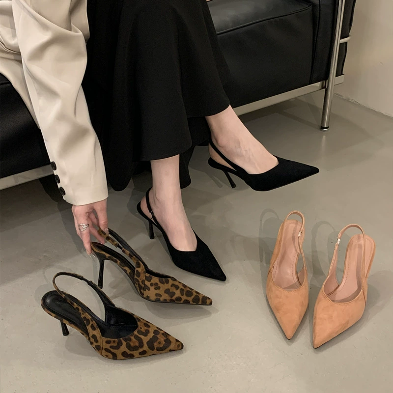 Женские босоножки на высоком каблуке-шпильке с леопардовым принтом, заостренный носок, замша, весна-лето 2025, новинка