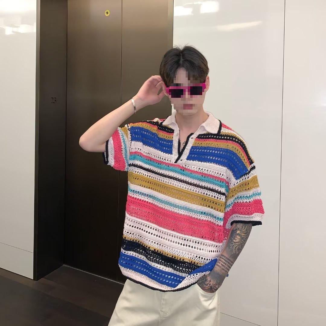 American Retro Cut Out Stripesd Contrasting Knitted Polo Shirt Men's Rainbow T-Shirt Casual Loose Short-Sleeved T-Shirt Top