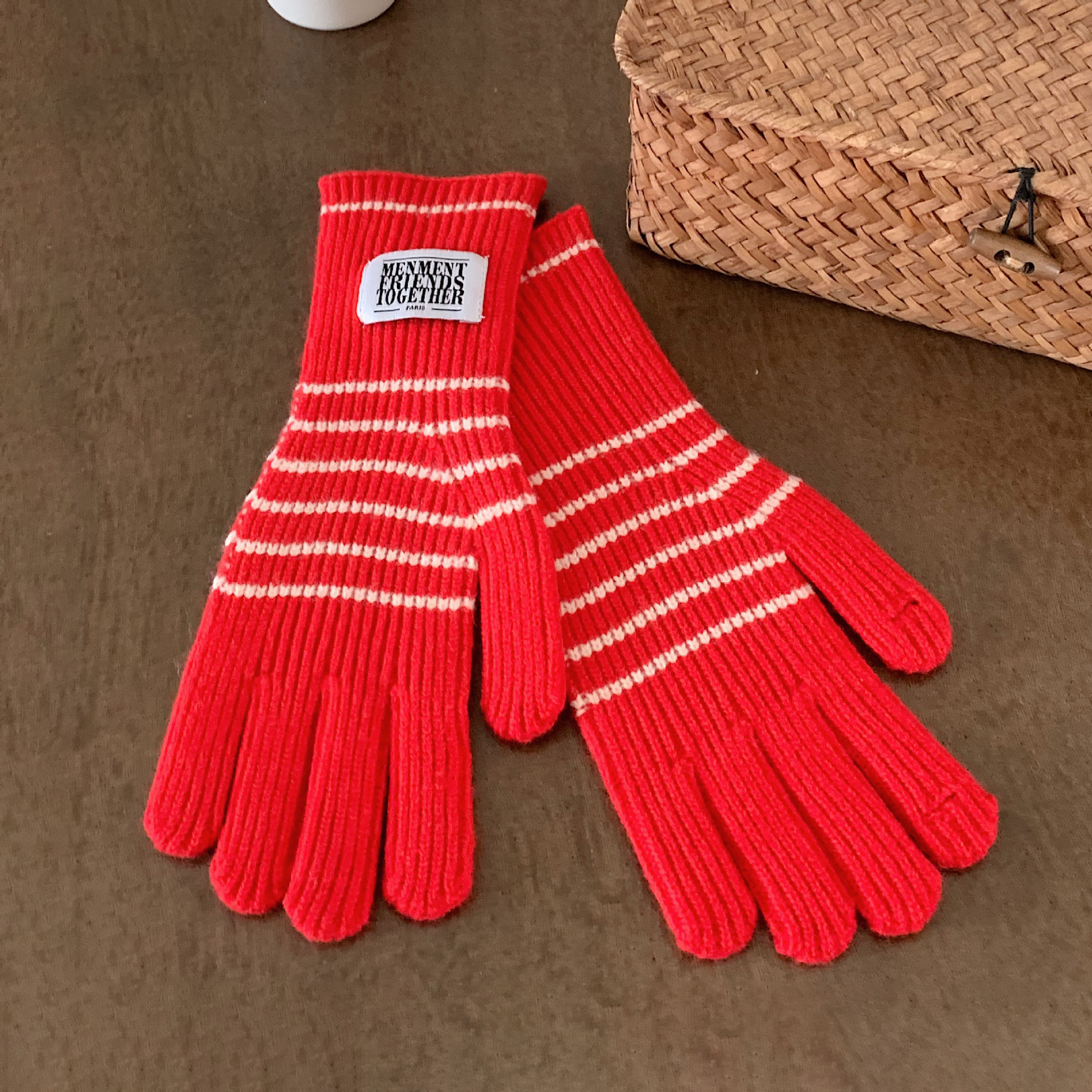 Guantes de punto a rayas coreanas personales de mujer guantes de dedo caliente pantalla táctil guantes de terciopelo ártico