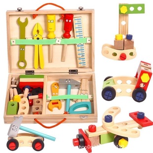 Children's Cartoon Wooden Portable Maintenance Toolbox Puzzle Simulation Assembled Disassembled Screw Nut Combination