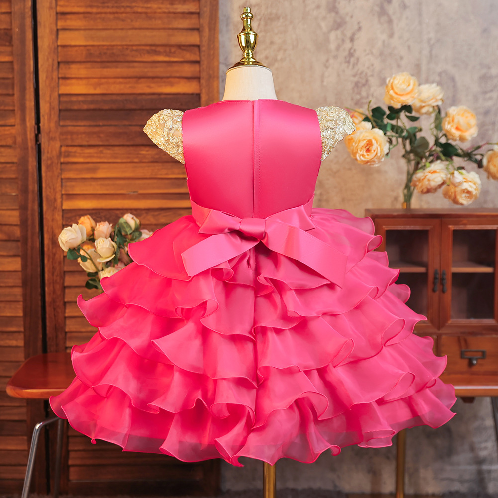 Vestido de niños pastel de arco bordado pequeño anfitrión oganza vestido de boda de chicas