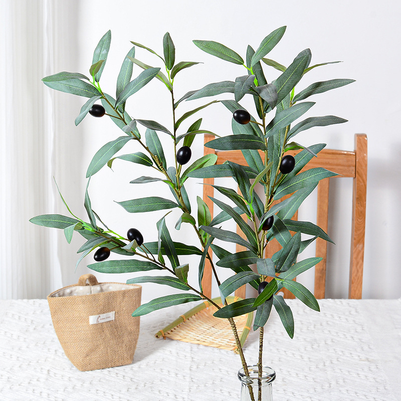 新款仿真3叉橄欖枝 植物牆插花橄欖葉插果子DIY 婚慶裝飾攝